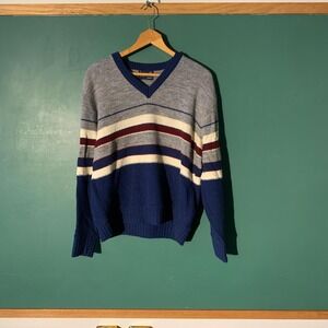 Vintage 90s Esprit by Campus Grey Blue Striped Knit V-Neck Sweater Mens XL USA